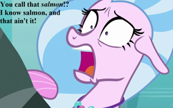Size: 1152x720 | Tagged: safe, edit, edited screencap, screencap, character:silverstream, species:seapony (g4), episode:what lies beneath, g4, my little pony: friendship is magic, cropped, floppy ears, jewelry, necklace, reaction image, speech, wat (reaction image)
