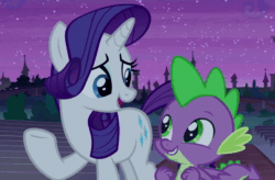 Size: 996x654 | Tagged: safe, edit, edited screencap, screencap, character:rarity, character:spike, species:dragon, episode:the summer sun setback, g4, my little pony: friendship is magic, aivo, animated, avo, duo, fifteen.ai, food, pickle, rick and morty, sound, sound only, the pony machine learning project, webm, winged spike