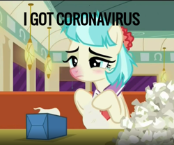 Size: 450x376 | Tagged: safe, edit, edited screencap, screencap, character:coco pommel, episode:the saddle row review, g4, my little pony: friendship is magic, coronavirus, covid-19, cropped, female, meme, sad, sick, solo, tissue