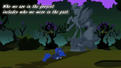 Size: 1280x720 | Tagged: safe, edit, edited screencap, screencap, character:nightmare moon, character:princess luna, species:alicorn, species:pony, episode:luna eclipsed, g4, my little pony: friendship is magic, everfree forest, female, mister rogers, quote, solo, statue, text