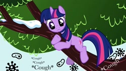 Size: 1231x692 | Tagged: safe, edit, edited screencap, screencap, character:twilight sparkle, character:twilight sparkle (unicorn), species:pony, species:unicorn, episode:winter wrap up, g4, my little pony: friendship is magic, bacteria, caption, coronavirus, cough, covid-19, cute, female, image macro, looking at something, looking down, mare, scared, sick, solo, text, tree, tree branch, twiabetes
