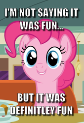 Size: 565x832 | Tagged: safe, edit, edited screencap, screencap, character:pinkie pie, episode:the saddle row review, g4, my little pony: friendship is magic, ancient aliens, caption, cropped, female, giorgio a. tsoukalos, image macro, meme, misspelling, solo, text