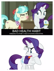 Size: 3106x4096 | Tagged: safe, edit, edited screencap, screencap, character:coco pommel, character:rarity, episode:the saddle row review, g4, my little pony: friendship is magic, coronavirus, covid-19, discovery family logo, disgusted, meme, rude, sneezing, vulgar