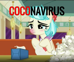 Size: 450x376 | Tagged: safe, edit, edited screencap, screencap, character:coco pommel, species:earth pony, species:pony, episode:the saddle row review, g4, my little pony: friendship is magic, coronavirus, covid-19, cropped, female, handkerchief, lidded eyes, pun, runny nose, sad, sick, solo, text, this will not end well, tissue, tissue box, why