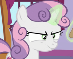 Size: 435x350 | Tagged: safe, edit, edited screencap, screencap, character:sweetie belle, species:pony, species:unicorn, episode:on your marks, g4, my little pony: friendship is magic, >:), cropped, female, filly, glowing horn, horn, inverted mouth, levitation, magic, magic aura, solo, sweetie belle's magic brings a great big smile, telekinesis