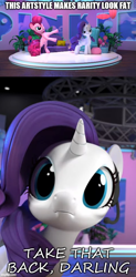 Size: 500x1014 | Tagged: safe, edit, edited screencap, screencap, character:pinkie pie, character:rarity, species:earth pony, species:pony, species:unicorn, bipedal, caption, darling, duo, fourth wall, hello pinkie pie, image macro, text