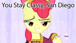 Size: 480x270 | Tagged: safe, edit, edited screencap, screencap, character:apple bloom, species:earth pony, species:pony, episode:for whom the sweetie belle toils, clothing, dress, female, hub logo, lidded eyes, san diego, smiling, solo
