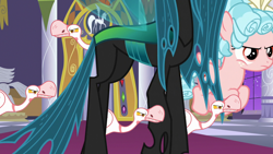 Size: 1920x1080 | Tagged: safe, edit, edited screencap, screencap, character:cozy glow, character:queen chrysalis, species:bird, species:pegasus, species:pony, episode:the summer sun setback, g4, my little pony: friendship is magic, canterlot castle, cozy glow is not amused, duo, goose