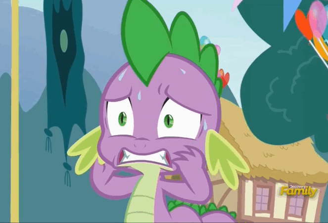 Size: 663x451 | Tagged: safe, edit, edited screencap, screencap, character:spike, species:dragon, episode:triple threat, g4, my little pony: friendship is magic, animated, cropped, discovery family logo, dolly zoom, faec, gif, male, reversed, solo, sweat