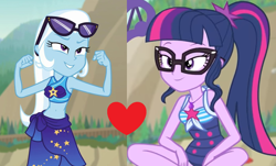 Size: 1392x840 | Tagged: safe, edit, edited screencap, screencap, character:trixie, character:twilight sparkle, character:twilight sparkle (scitwi), species:eqg human, ship:twixie, equestria girls:forgotten friendship, g4, my little pony: equestria girls, my little pony:equestria girls, clothing, female, glasses, lesbian, sci-twixie, shipping, shipping domino, swimsuit
