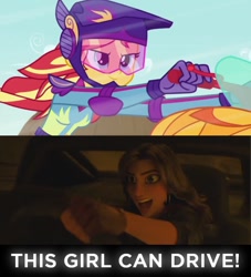 Size: 1000x1100 | Tagged: safe, edit, edited screencap, screencap, character:sunset shimmer, equestria girls:friendship games, g4, my little pony: equestria girls, my little pony:equestria girls, car, disney, female, meme, motorcross outfit, motorcycle, ralph breaks the internet, shank (character), smiling, smirk, text, wreck-it ralph