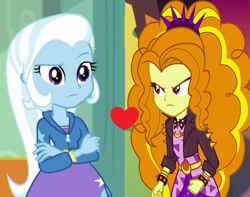 Size: 895x704 | Tagged: safe, edit, edited screencap, screencap, character:adagio dazzle, character:trixie, ship:triagio, episode:a little birdie told me, equestria girls:sunset's backstage pass, g4, my little pony: equestria girls, my little pony:equestria girls, spoiler:eqg series (season 2), female, heart, lesbian, shipping, shipping domino