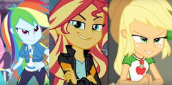 Size: 1226x606 | Tagged: safe, edit, screencap, character:applejack, character:rainbow dash, character:sunset shimmer, equestria girls:forgotten friendship, equestria girls:friendship games, equestria girls:holidays unwrapped, g4, my little pony: equestria girls, my little pony:equestria girls, spoiler:eqg series (season 2), rough, the cider louse fools