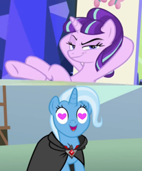 Size: 642x774 | Tagged: safe, edit, edited screencap, screencap, character:starlight glimmer, character:trixie, ship:startrix, episode:magic duel, episode:the cutie re-mark, g4, my little pony: friendship is magic, alicorn amulet, female, heart, heart eyes, lesbian, shipping, shipping domino, wingding eyes