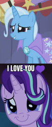 Size: 592x1440 | Tagged: safe, edit, edited screencap, screencap, character:starlight glimmer, character:trixie, ship:startrix, episode:boast busters, episode:uncommon bond, g4, my little pony: friendship is magic, caption, female, image macro, lesbian, meme, shipping, shipping domino, text