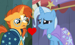 Size: 1051x636 | Tagged: safe, edit, edited screencap, screencap, character:sunburst, character:trixie, ship:trixburst, episode:boast busters, episode:the parent map, g4, my little pony: friendship is magic, female, heart, male, shipping, shipping domino, straight