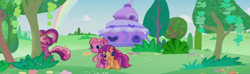Size: 2407x717 | Tagged: safe, edit, screencap, character:cheerilee (g3), character:pinkie pie (g3), character:scootaloo (g3), g3, g3.5, equestria, intro, ponyville, rainbow, tree