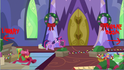Size: 1285x725 | Tagged: safe, edit, edited screencap, screencap, character:twilight sparkle, character:twilight sparkle (alicorn), species:alicorn, species:pony, episode:best gift ever, g4, my little pony: friendship is magic, book, box, candy, candy cane, christmas wreath, female, food, main hall, ornament, solo, twilight's castle, wreath
