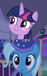 Size: 536x866 | Tagged: safe, edit, edited screencap, screencap, character:trixie, character:twilight sparkle, character:twilight sparkle (alicorn), species:alicorn, species:pony, ship:twixie, episode:the ending of the end, episode:to where and back again, g4, my little pony: friendship is magic, blushing, female, lesbian, shipping, shipping domino
