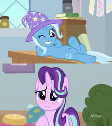 Size: 1278x1434 | Tagged: safe, edit, screencap, character:starlight glimmer, character:trixie, ship:startrix, episode:a horse shoe-in, episode:marks for effort, g4, my little pony: friendship is magic, blushing, clothing, female, hat, lesbian, one eye closed, shipping, shipping domino, trixie's hat, wink