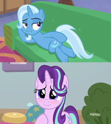 Size: 1278x1434 | Tagged: safe, edit, screencap, character:starlight glimmer, character:trixie, ship:startrix, episode:marks for effort, episode:on the road to friendship, g4, my little pony: friendship is magic, blushing, couch, cute, diatrixes, discovery family logo, draw me like one of your french girls, female, glim, glim glam, glimmerbetes, glimmy, lesbian, mat, pillow, shipping, shipping domino