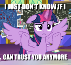 Size: 973x883 | Tagged: safe, edit, edited screencap, screencap, character:twilight sparkle, character:twilight sparkle (alicorn), species:alicorn, species:pony, episode:sparkle's seven, g4, my little pony: friendship is magic, caption, chalkboard, cropped, female, floppy ears, frown, image macro, mare, meme, reaction image, shrug, solo, spread wings, text, wings