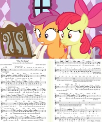 Size: 1650x1965 | Tagged: safe, edit, edited screencap, screencap, character:apple bloom, character:scootaloo, species:pegasus, species:pony, episode:may the best pet win, episode:on your marks, g4, my little pony: friendship is magic, leak, behind the scenes, boutique, carousel boutique, concerned, cutie mark, find a pet, mannequin, music notes, sheet music, the cmc's cutie marks