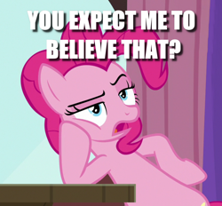 Size: 1120x1038 | Tagged: safe, edit, edited screencap, screencap, character:pinkie pie, episode:a trivial pursuit, g4, my little pony: friendship is magic, bipedal, bipedal leaning, caption, cropped, female, image macro, leaning, meme, reaction image, solo, text, unamused