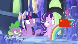 Size: 720x405 | Tagged: safe, edit, edited screencap, screencap, character:spike, character:starlight glimmer, character:twilight sparkle, character:twilight sparkle (alicorn), species:alicorn, species:dragon, species:pony, species:unicorn, episode:a royal problem, g4, my little pony: friendship is magic, china, cutie map, face swap, implied coronavirus, rainbow, this will not end well, throne room, twilight's castle