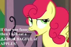 Size: 1080x720 | Tagged: safe, edit, edited screencap, screencap, character:strawberry sunrise, episode:honest apple, g4, my little pony: friendship is magic, censored vulgarity, cropped, dude not funny (reaction image), grawlixes, reaction image, speech, strawberry savage, that pony sure does hate apples