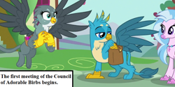 Size: 834x417 | Tagged: safe, edit, edited screencap, screencap, character:gabby, character:gallus, character:silverstream, episode:dragon dropped, g4, my little pony: friendship is magic, bag, birb, cropped, cute, diastreamies, gabbybetes, gallabetes, inset, jewelry, mailbag, necklace, ponyville, saddle bag, text