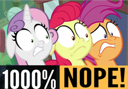 Size: 720x503 | Tagged: safe, edit, edited screencap, screencap, character:apple bloom, character:scootaloo, character:sweetie belle, species:pegasus, species:pony, episode:growing up is hard to do, g4, my little pony: friendship is magic, 200% mad, caption, cringing, cutie mark crusaders, expand dong, exploitable meme, image macro, meme, nope, older, older apple bloom, older cmc, older scootaloo, older sweetie belle, pornhub logo, reaction image, text