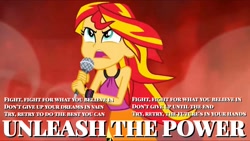 Size: 2550x1440 | Tagged: safe, edit, edited screencap, screencap, character:sunset shimmer, equestria girls:rainbow rocks, g4, my little pony: equestria girls, my little pony:equestria girls, barely eqg related, barely pony related, clothing, female, finley, legends of chima, lego, microphone, obligatory human, obligatory pony, opening, singing, song reference, text, unleash the power