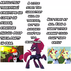 Size: 1920x1920 | Tagged: safe, edit, edited screencap, screencap, character:fizzlepop berrytwist, character:flam, character:flim, character:lord tirek, character:tempest shadow, species:centaur, species:earth pony, species:pony, species:unicorn, episode:the super speedy cider squeezy 6000, episode:twilight's kingdom, g4, my little pony: friendship is magic, angry, antagonist, bow, clothing, comparison, fire, flim flam brothers, hat, meme, text