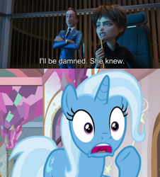 Size: 640x709 | Tagged: safe, edit, edited screencap, screencap, character:trixie, species:human, species:pony, species:unicorn, episode:a horse shoe-in, g4, my little pony: friendship is magic, comic, crossover, dialogue, disney, evelyn deavor, female, incredibles 2, mare, screencap comic, shocked, vulgar, winston deavor