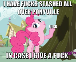 Size: 1099x899 | Tagged: safe, edit, edited screencap, screencap, character:pinkie pie, episode:it's about time, g4, my little pony: friendship is magic, ball emergency, caption, cropped, female, image macro, look at all the fucks i give, solo, text, tree, vulgar