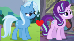 Size: 1276x704 | Tagged: safe, edit, edited screencap, screencap, character:starlight glimmer, character:trixie, ship:startrix, episode:no second prances, episode:the crystalling, g4, my little pony: friendship is magic, female, lesbian, shipping, shipping domino