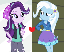 Size: 1278x1040 | Tagged: safe, edit, edited screencap, screencap, character:starlight glimmer, character:trixie, ship:startrix, equestria girls:mirror magic, equestria girls:rainbow rocks, g4, my little pony: equestria girls, my little pony:equestria girls, spoiler:eqg specials, cropped, female, lesbian, shipping, shipping domino