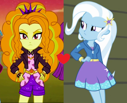 Size: 1278x1040 | Tagged: safe, edit, edited screencap, screencap, character:adagio dazzle, character:trixie, ship:triagio, equestria girls:rainbow rocks, equestria girls:sunset's backstage pass, g4, my little pony: equestria girls, my little pony:equestria girls, spoiler:eqg series (season 2), bracelet, clothing, female, heart, jacket, jewelry, leather jacket, lesbian, shipping, shipping domino, shorts, spiked headband, spiked wristband, wristband