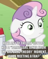 Size: 908x1125 | Tagged: safe, edit, edited screencap, screencap, character:sweetie belle, species:pony, species:unicorn, episode:ponyville confidential, g4, my little pony: friendship is magic, caption, cropped, exploitable meme, female, filly, floppy ears, image macro, james earl jones, meme, meta, obligatory pony, reference, solo, sudden clarity sweetie belle, text, the big bang theory, thinking