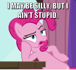 Size: 1183x1089 | Tagged: safe, edit, edited screencap, screencap, character:pinkie pie, episode:a trivial pursuit, g4, my little pony: friendship is magic, caption, cropped, female, image macro, leaning, meme, solo, text