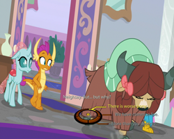 Size: 750x600 | Tagged: safe, edit, edited screencap, screencap, character:ocellus, character:smolder, character:yona, species:changedling, species:changeling, species:dragon, species:griffon, species:reformed changeling, species:yak, episode:school raze, g4, my little pony: friendship is magic, bow, cloven hooves, dialogue wheel, dragoness, eyes closed, female, hair bow, implied chancellor neighsay, implied cozy glow, male, mass effect, monkey swings, school of friendship, wrong aspect ratio