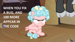 Size: 1280x720 | Tagged: safe, edit, edited screencap, screencap, character:cozy glow, character:lord tirek, species:pegasus, species:pony, episode:the summer sun setback, g4, my little pony: friendship is magic, angry, cozy glow is best facemaker, cozy glow is not amused, cozybetes, crossed hooves, cute, faec, female, filly, frown, glare, grumpy, hooves, madorable, pouting, programming, sitting, solo focus, spread wings, text, wings