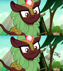 Size: 1920x2160 | Tagged: safe, edit, edited screencap, screencap, character:cinder glow, character:summer flare, species:kirin, episode:sounds of silence, g4, my little pony: friendship is magic, angry, background kirin, caption, cinder glow is not amused, comic, glowing horn, horn, image macro, screencap comic, solo, text, vulgar
