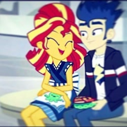 Size: 410x410 | Tagged: safe, edit, edited screencap, screencap, character:flash sentry, character:sunset shimmer, ship:flashimmer, episode:good vibes, eqg summertime shorts, g4, my little pony: equestria girls, my little pony:equestria girls, cropped, female, male, shipping, straight, sunset sushi