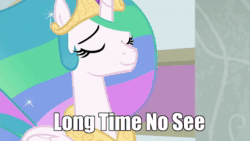 Size: 1280x720 | Tagged: safe, edit, edited screencap, screencap, character:princess celestia, episode:horse play, g4, my little pony: friendship is magic, aivo, animated, avo, eyes closed, female, fifteen.ai, long time no see, praise the sun, smiling, solo, sound, sound only, text, webm
