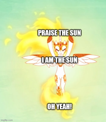 Size: 500x574 | Tagged: safe, edit, edited screencap, screencap, character:daybreaker, character:princess celestia, episode:a royal problem, g4, my little pony: friendship is magic, caption, cropped, female, image macro, meme, praise the sun, solo, text