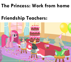 Size: 1010x887 | Tagged: safe, edit, edited screencap, screencap, character:gummy, character:pinkamena diane pie, character:pinkie pie, species:earth pony, species:pony, episode:party of one, g4, my little pony: friendship is magic, alligator, balloon, bucket, cake, clothing, coronavirus, covid-19, dust bunny, female, food, hat, implied coronavirus, madame leflour, mare, meme, mr. turnip, party hat, ponified meme, quarantine, rock, rocky, self-isolation, sir lintsalot, social distancing, stool, table, turnip, work from home