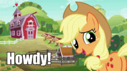 Size: 1280x720 | Tagged: safe, edit, edited screencap, screencap, character:applejack, episode:applejack's day off, aivo, animated, avo, fifteen.ai, looking at you, sound, sweet apple acres, text, webm