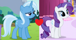 Size: 1330x702 | Tagged: safe, edit, edited screencap, screencap, character:rarity, character:trixie, episode:a dog and pony show, episode:no second prances, g4, my little pony: friendship is magic, cropped, female, lesbian, rarixie, shipping, shipping domino